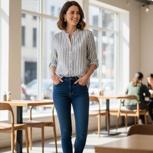 Part Two Copenhagen 100% Linen Striped Shirt - Black and White, Size L